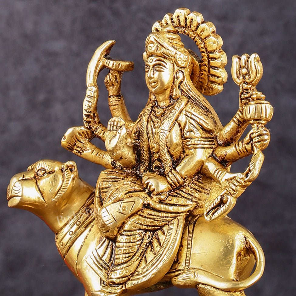 Brass Goddess Durga Seated on Tiger Idol - 5 Inch - Budhshiv.com