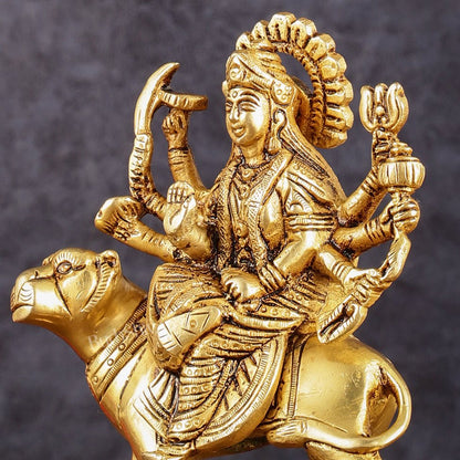 Brass Goddess Durga Seated on Tiger Idol - 5 Inch - Budhshiv.com