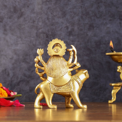 Brass Goddess Durga Seated on Tiger Idol - 5 Inch - Budhshiv.com