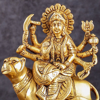 Brass Goddess Durga Seated on Tiger Idol - 5 Inch - Budhshiv.com
