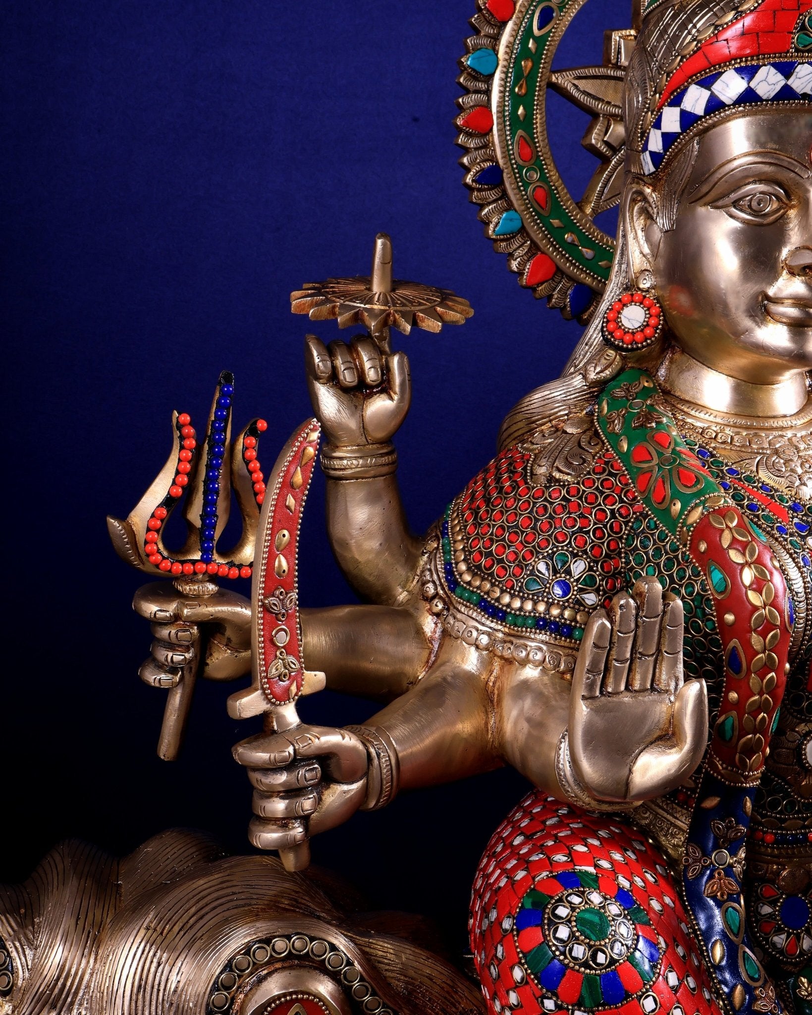 Brass Goddess Durga Sherawali Mata Idol | 31" meenakari Stonework - Budhshiv.com