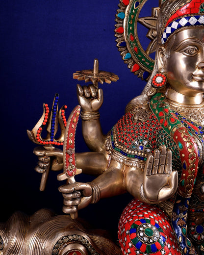 Brass Goddess Durga Sherawali Mata Idol | 31" meenakari Stonework - Budhshiv.com