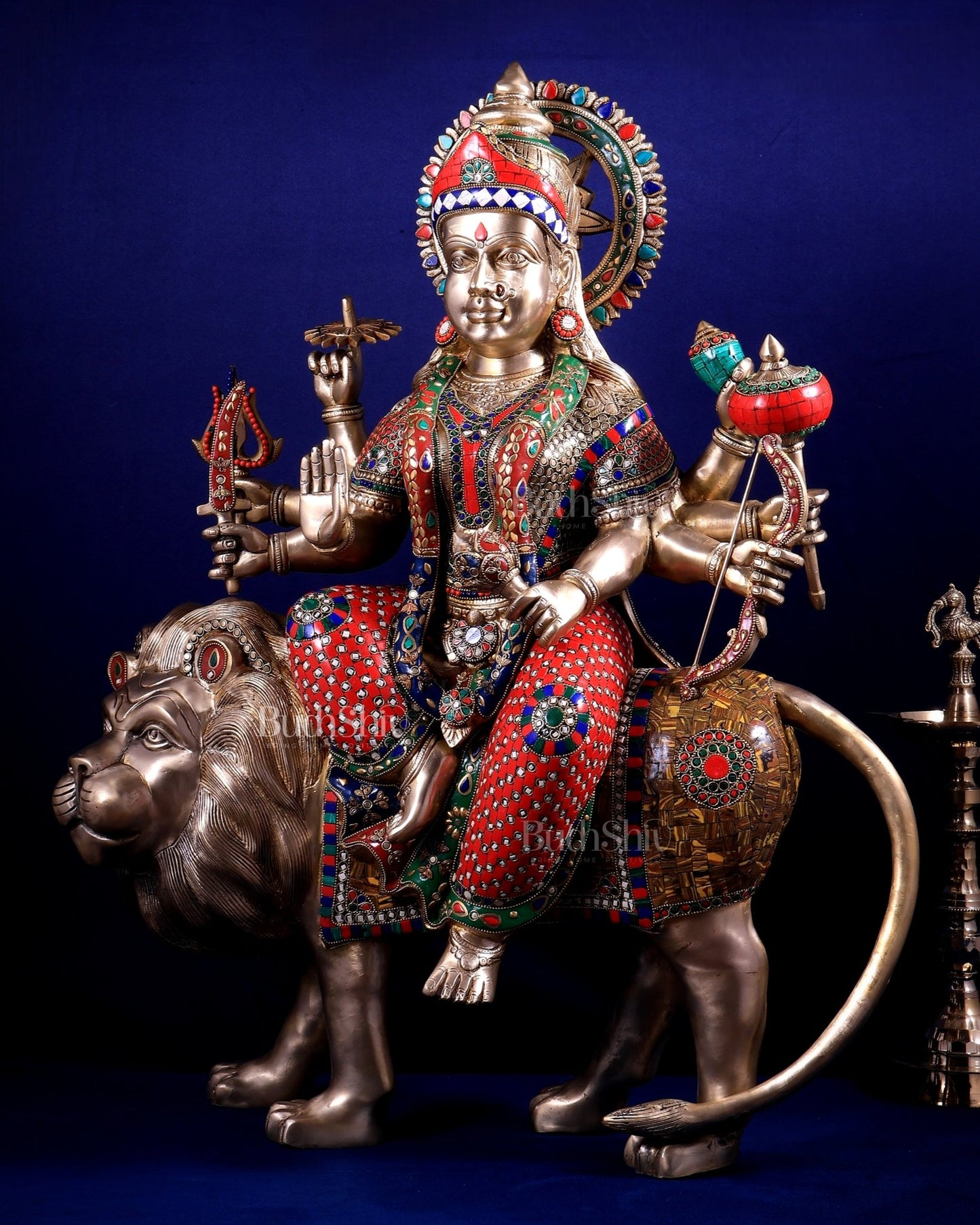 Brass Goddess Durga Sherawali Mata Idol | 31" meenakari Stonework - Budhshiv.com