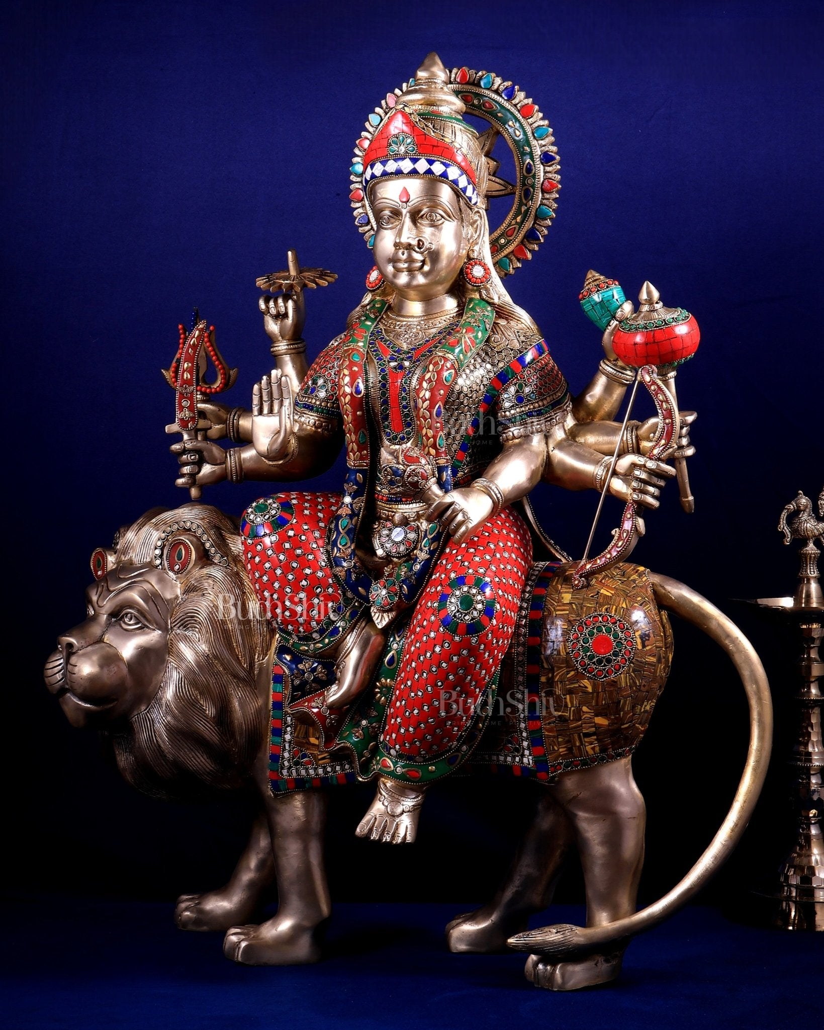 Brass Goddess Durga Sherawali Mata Idol | 31" meenakari Stonework - Budhshiv.com