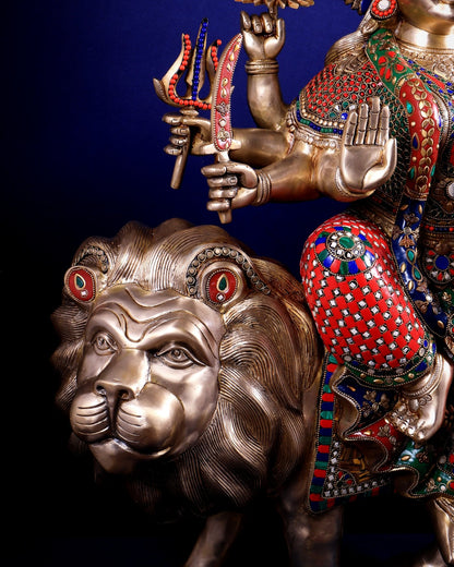Brass Goddess Durga Sherawali Mata Idol | 31" meenakari Stonework - Budhshiv.com
