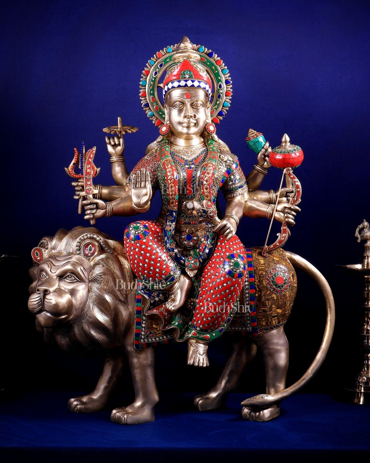 Brass Goddess Durga Sherawali Mata Idol | 31" meenakari Stonework - Budhshiv.com
