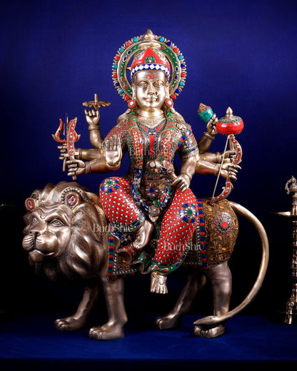 Brass Goddess Durga Sherawali Mata Idol | 31" meenakari Stonework - Budhshiv.com
