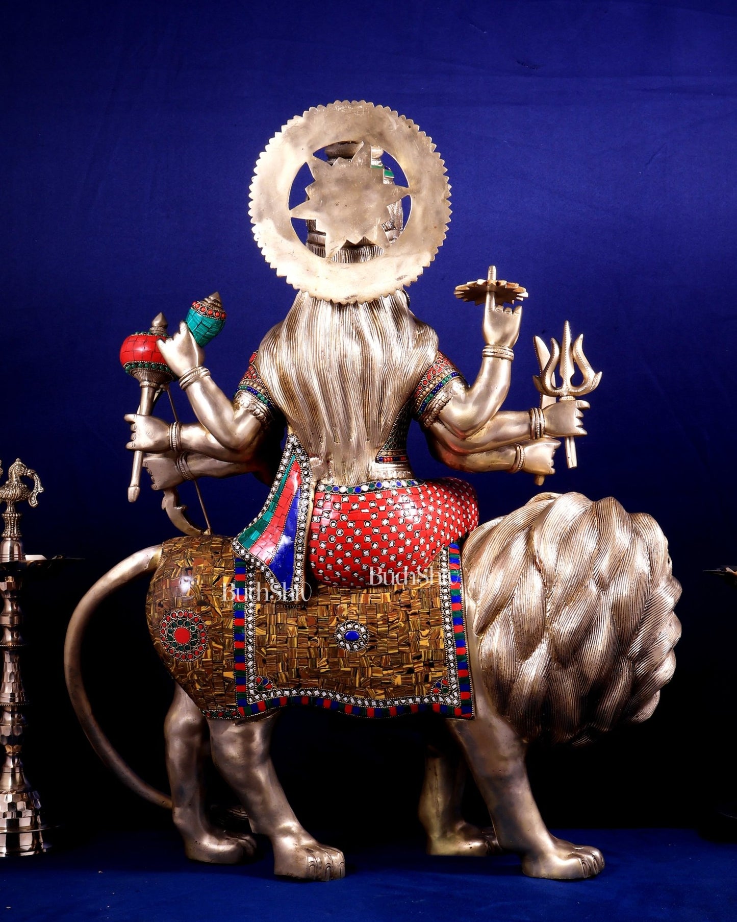 Brass Goddess Durga Sherawali Mata Idol | 31" meenakari Stonework - Budhshiv.com