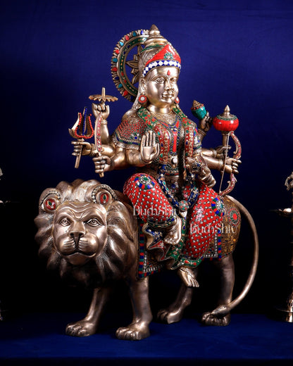 Brass Goddess Durga Sherawali Mata Idol | 31" meenakari Stonework - Budhshiv.com