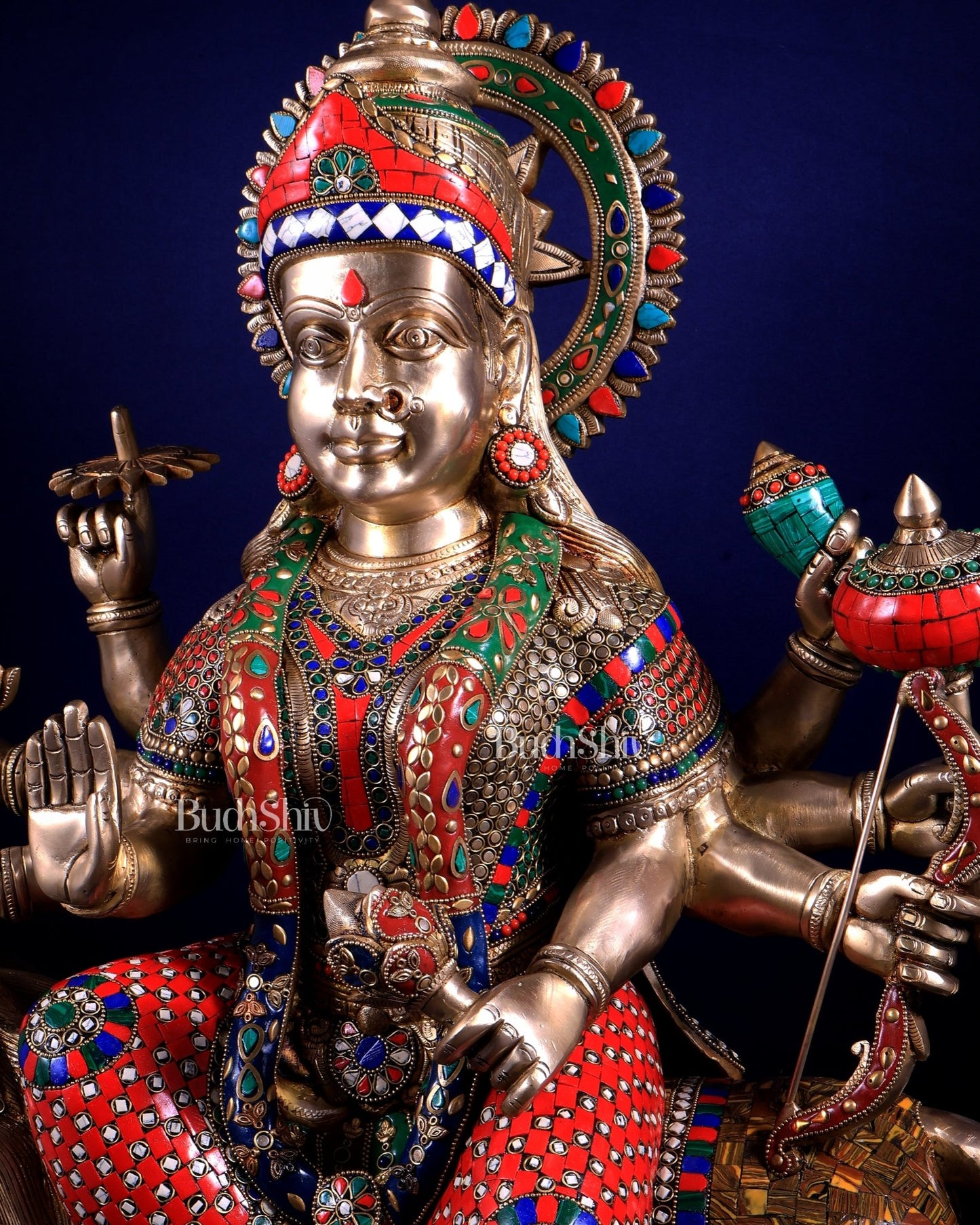 Brass Goddess Durga Sherawali Mata Idol | 31" meenakari Stonework - Budhshiv.com