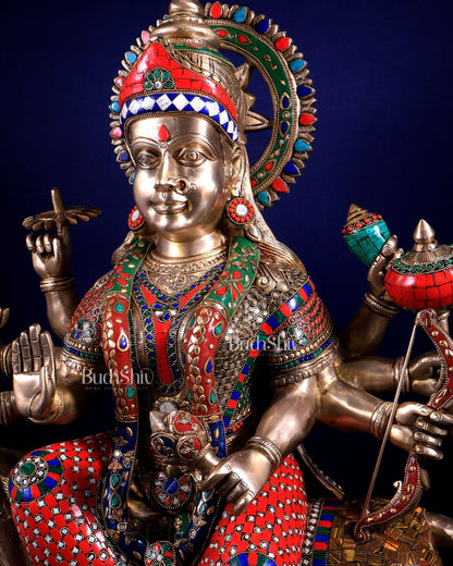 Brass Goddess Durga Sherawali Mata Idol | 31" meenakari Stonework - Budhshiv.com