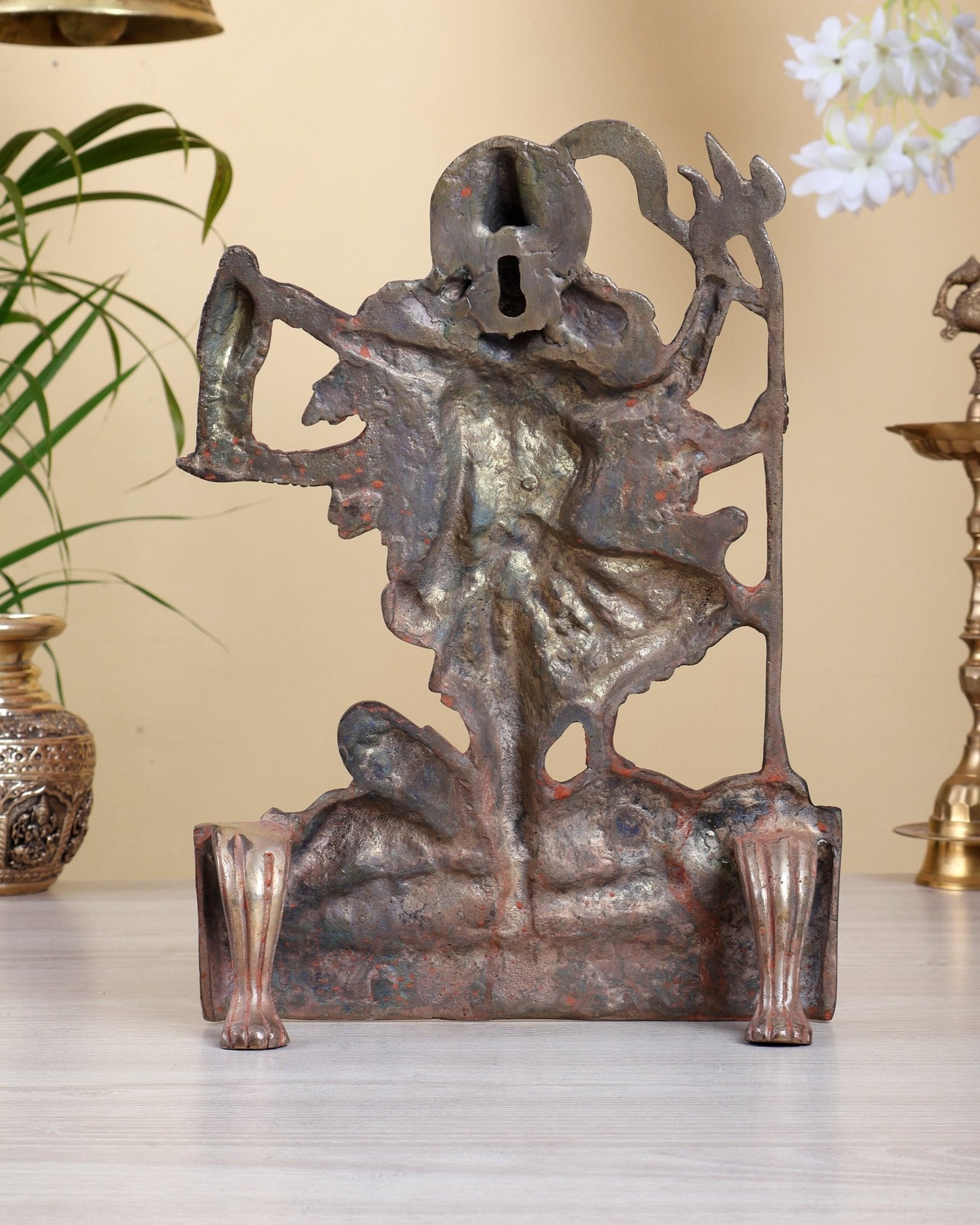 Brass Goddess Kali 12" Tabletop Mural – Black & Red Finish Kali Sculpture - Budhshiv.com