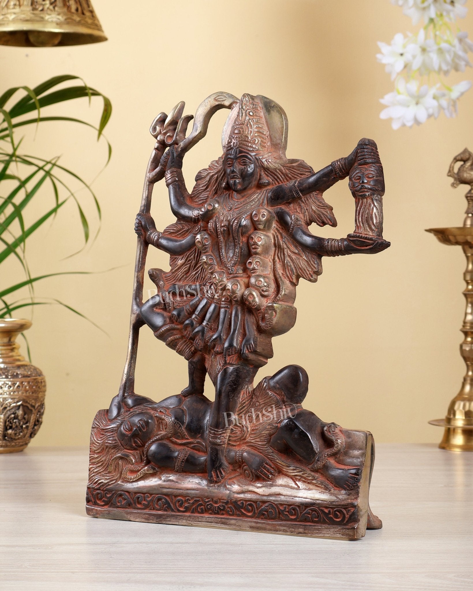 Brass Goddess Kali 12" Tabletop Mural – Black & Red Finish Kali Sculpture - Budhshiv.com