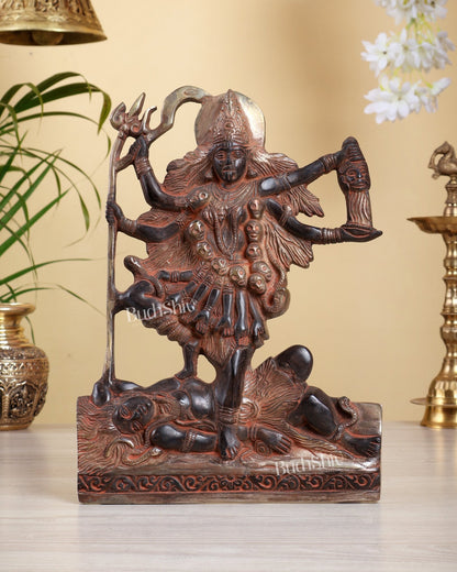 Brass Goddess Kali 12" Tabletop Mural – Black & Red Finish Kali Sculpture - Budhshiv.com