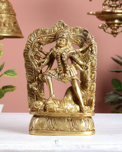 Brass Goddess Kali Dashabhuja Statue with Aureole 7" - Budhshiv.com