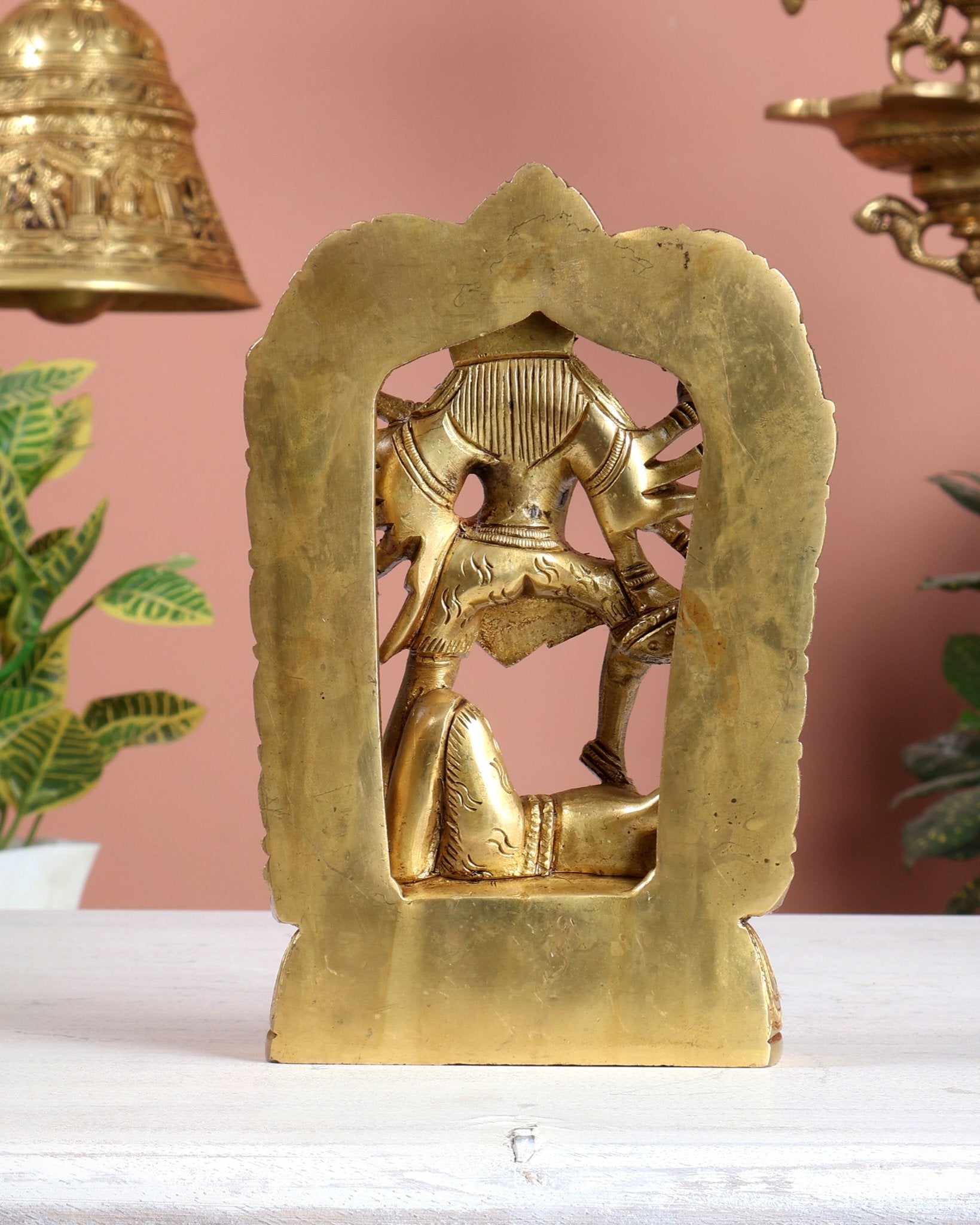 Brass Goddess Kali Dashabhuja Statue with Aureole 7" - Budhshiv.com