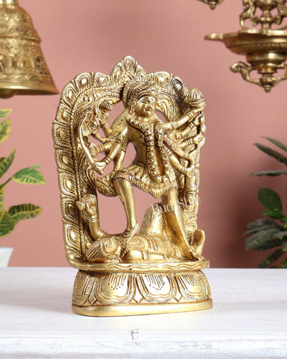 Brass Goddess Kali Dashabhuja Statue with Aureole 7" - Budhshiv.com