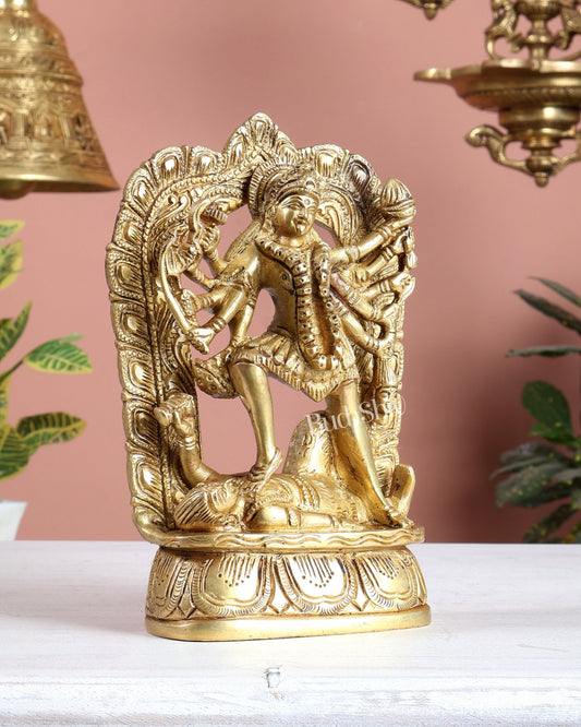 Brass Goddess Kali Dashabhuja Statue with Aureole 7" - Budhshiv.com
