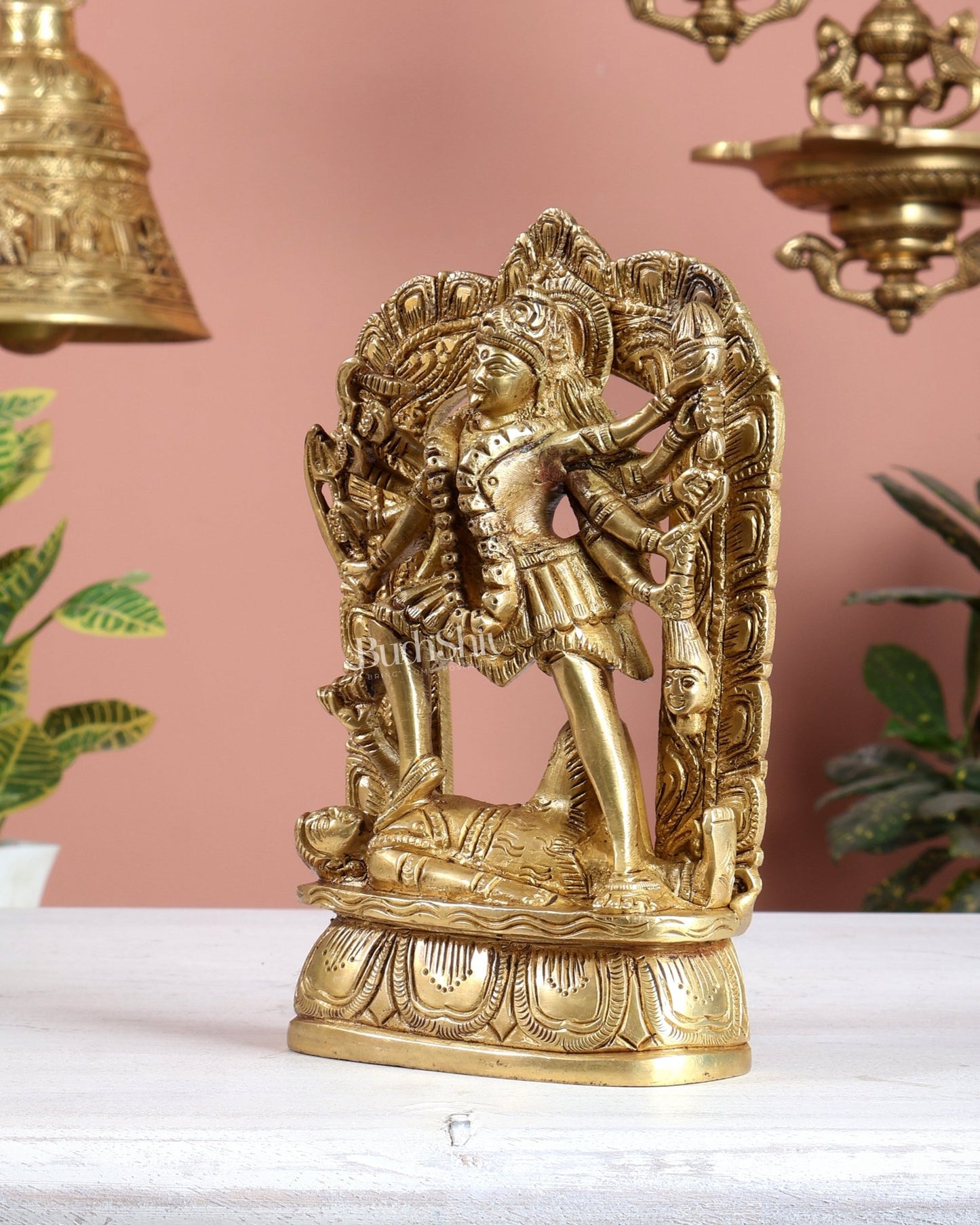 Brass Goddess Kali Dashabhuja Statue with Aureole 7" - Budhshiv.com