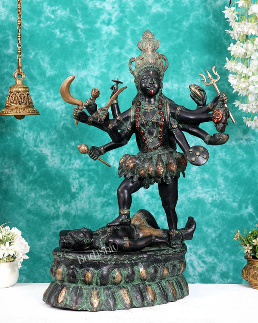 Brass Goddess Kali ma Fierce Form Dashabhuja statue with black and green patina 33 inch - Budhshiv.com