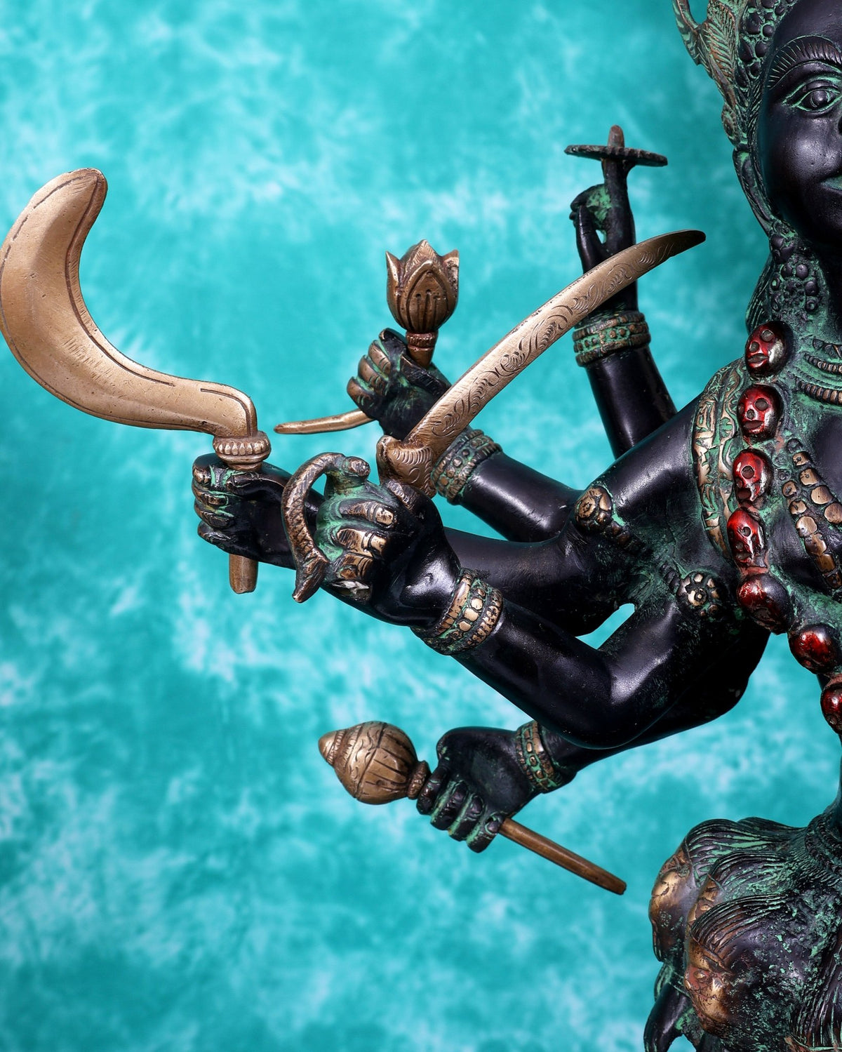 Brass Goddess Kali ma Fierce Form Dashabhuja statue with black and green patina 33 inch - Budhshiv.com