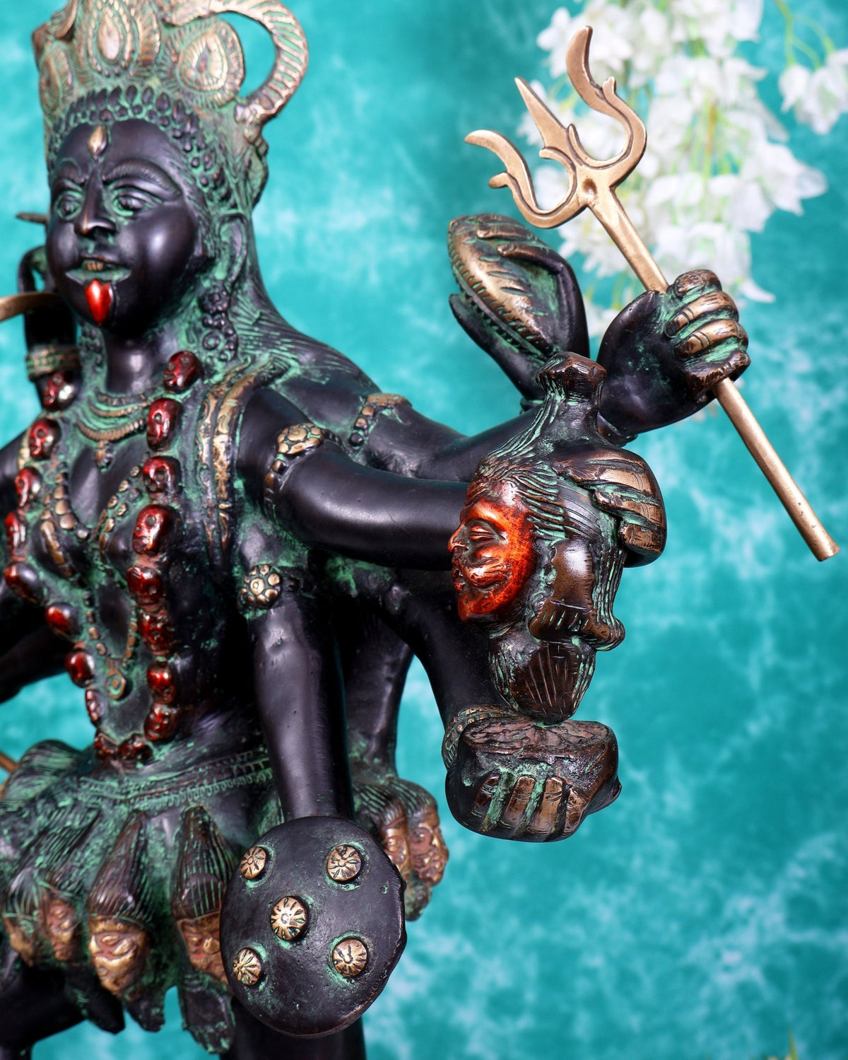 Brass Goddess Kali ma Fierce Form Dashabhuja statue with black and green patina 33 inch - Budhshiv.com
