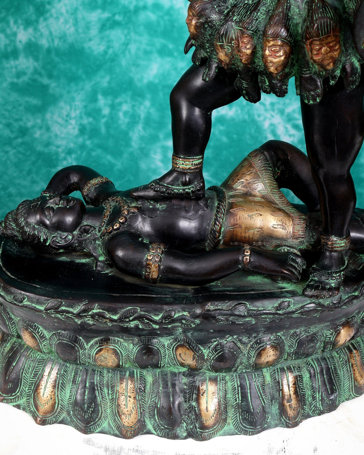 Brass Goddess Kali ma Fierce Form Dashabhuja statue with black and green patina 33 inch - Budhshiv.com