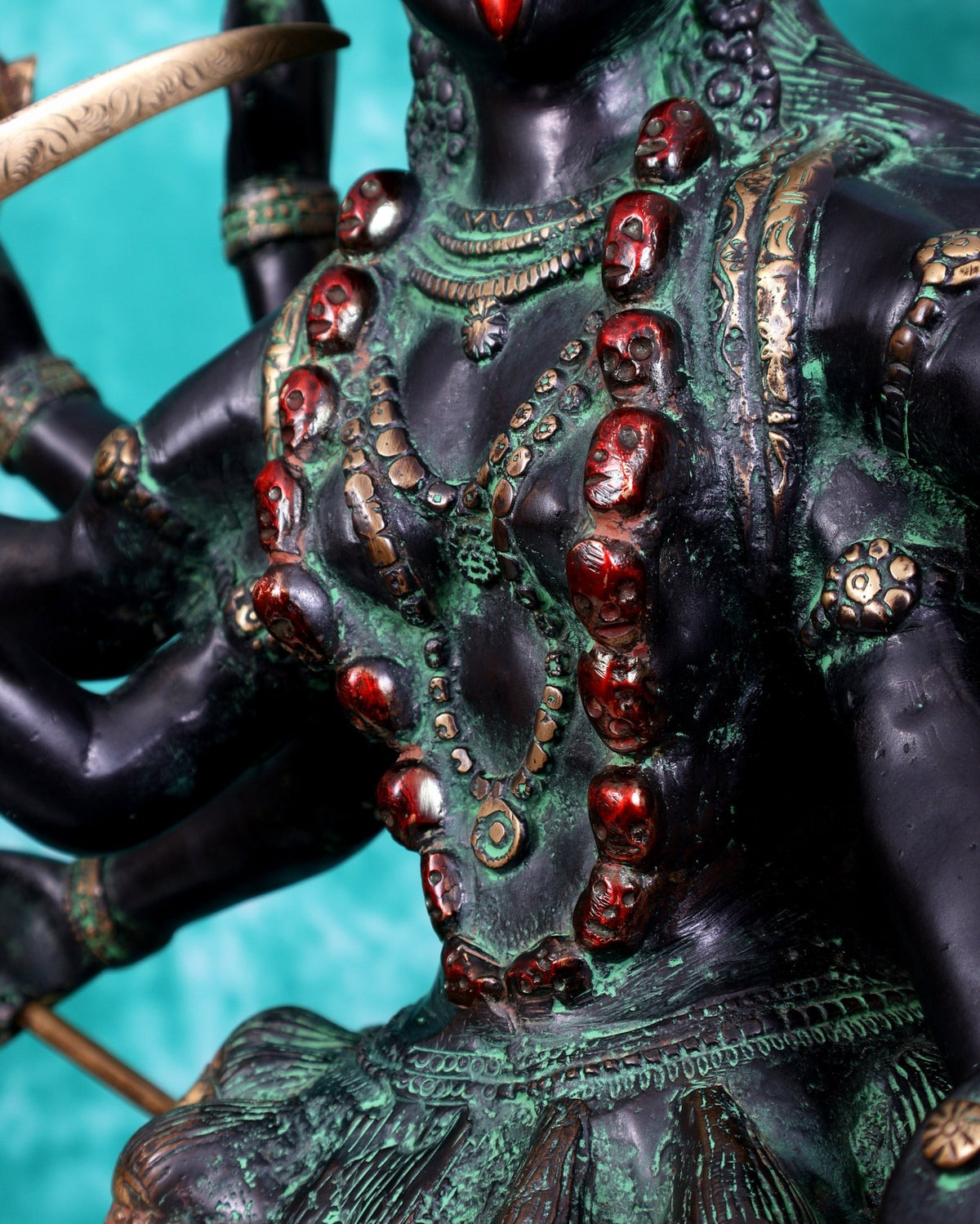 Brass Goddess Kali ma Fierce Form Dashabhuja statue with black and green patina 33 inch - Budhshiv.com