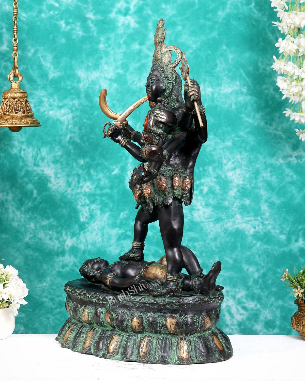 Brass Goddess Kali ma Fierce Form Dashabhuja statue with black and green patina 33 inch - Budhshiv.com