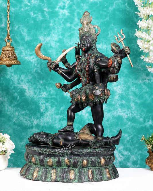 Brass Goddess Kali ma Fierce Form Dashabhuja statue with black and green patina 33 inch - Budhshiv.com
