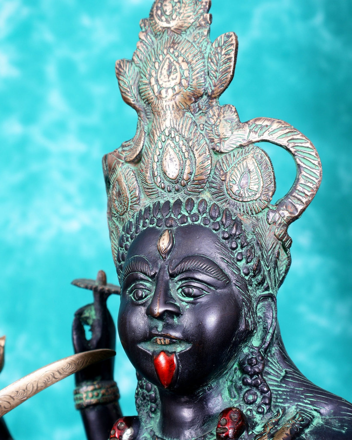 Brass Goddess Kali ma Fierce Form Dashabhuja statue with black and green patina 33 inch - Budhshiv.com