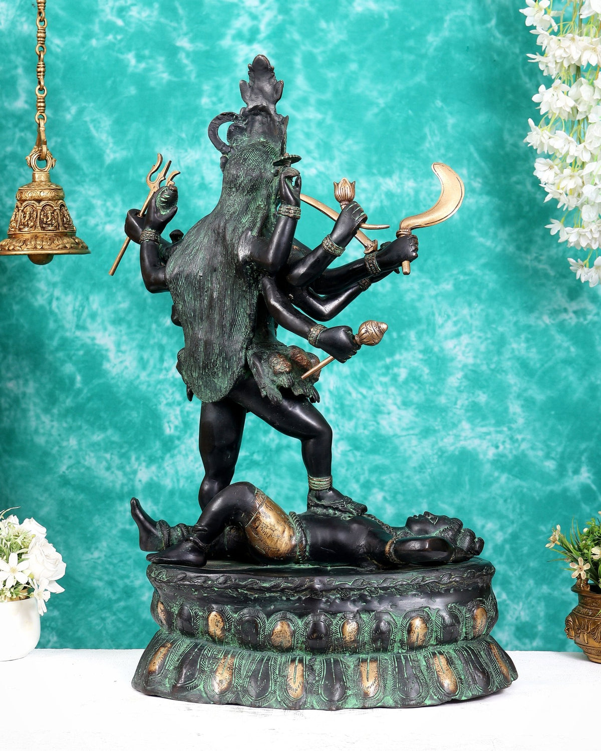Brass Goddess Kali ma Fierce Form Dashabhuja statue with black and green patina 33 inch - Budhshiv.com