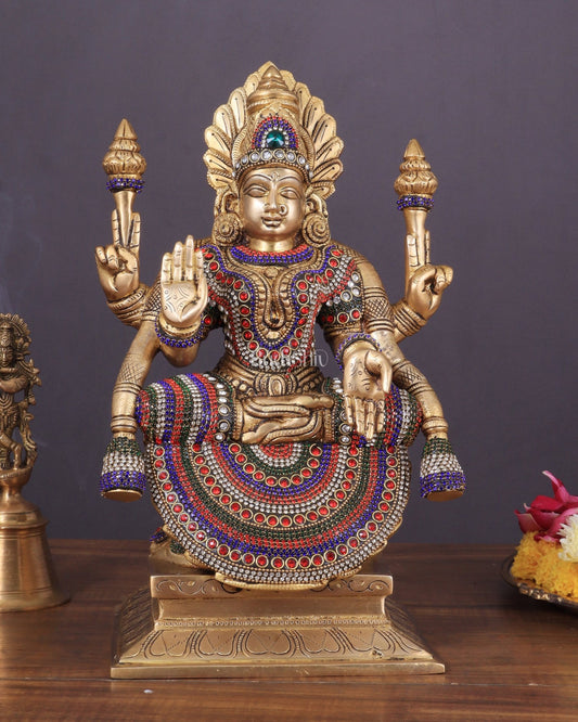 Brass Goddess Lakshmi as Padmavati Statue Murti Idol | 12.5" jewels meenakari - Budhshiv.com
