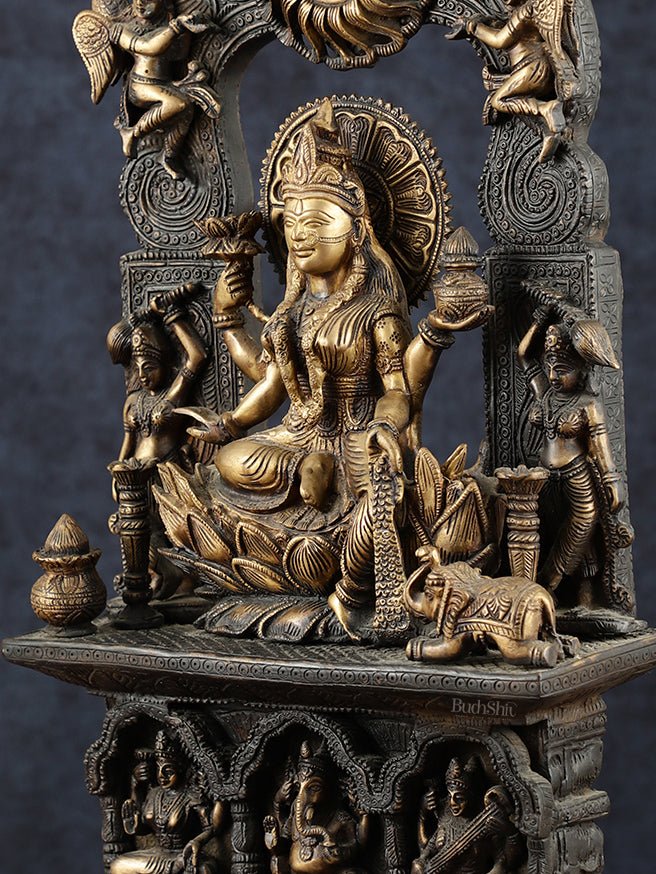 Brass Goddess Lakshmi Mata Statue – 20" Height, Antique Chola Style, Dual - Tone Finish - Budhshiv.com