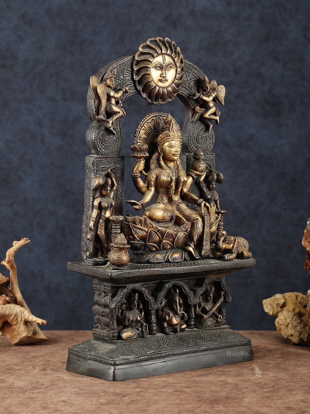 Brass Goddess Lakshmi Mata Statue – 20" Height, Antique Chola Style, Dual - Tone Finish - Budhshiv.com