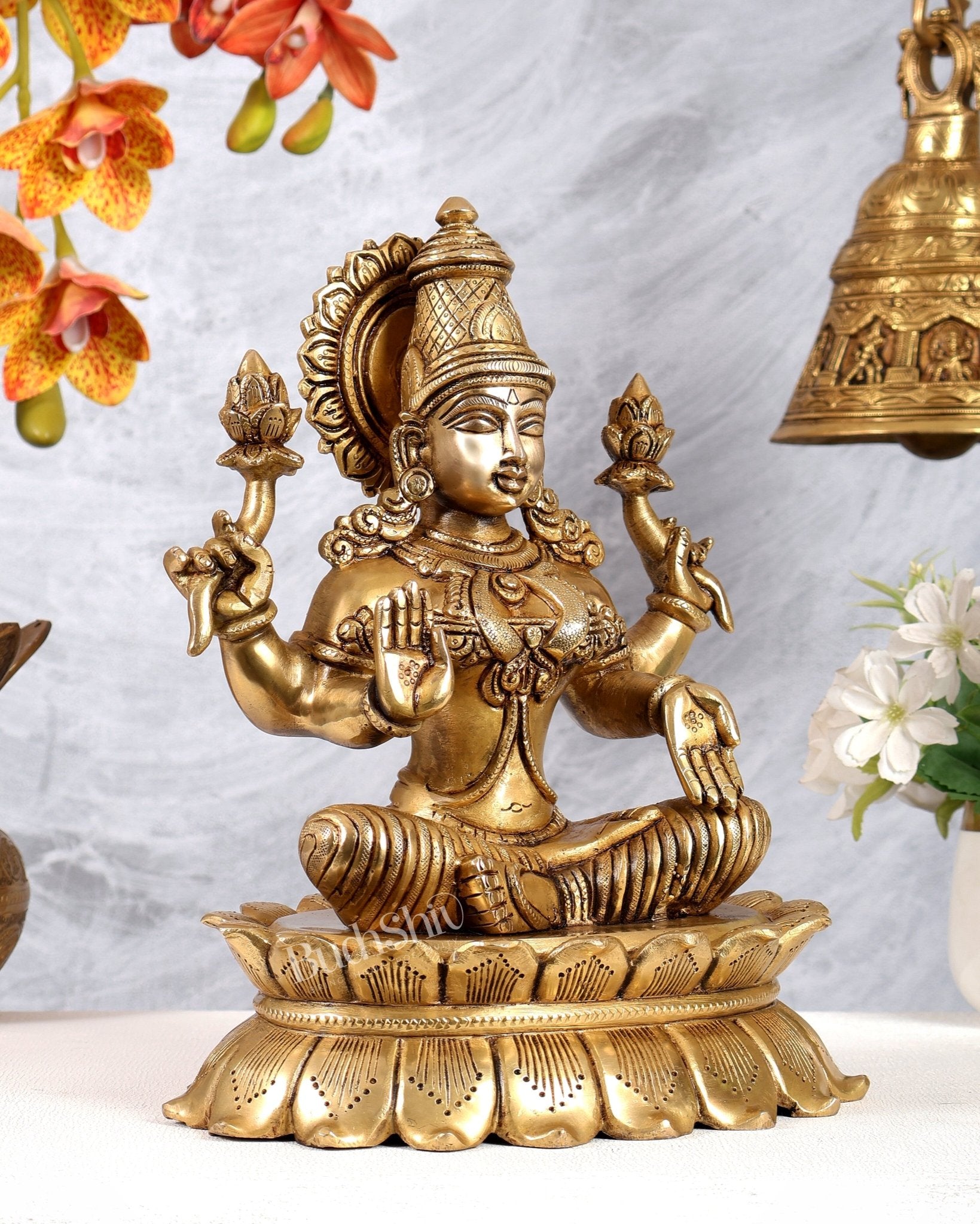 Brass Goddess Lakshmi on Lotus Statue – Highly Detailed Mahalakshmi Idol (12 Inches) - Budhshiv.com