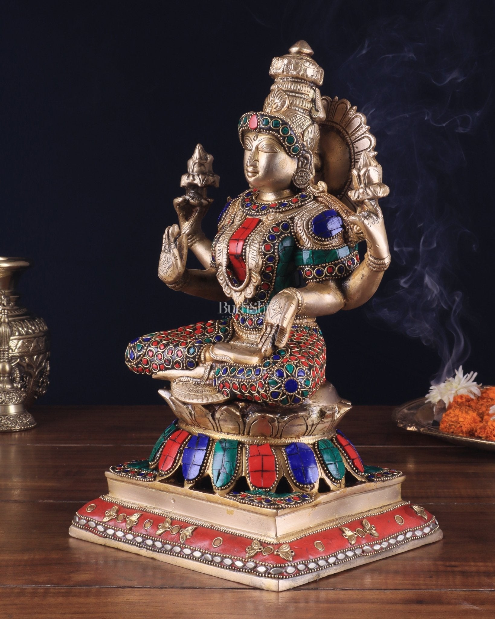 Brass Goddess Lakshmi Statue 12" meenakari Stonework - Budhshiv.com