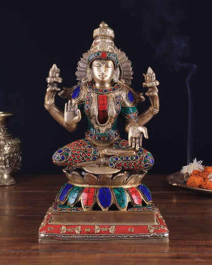 Brass Goddess Lakshmi Statue 12" meenakari Stonework - Budhshiv.com