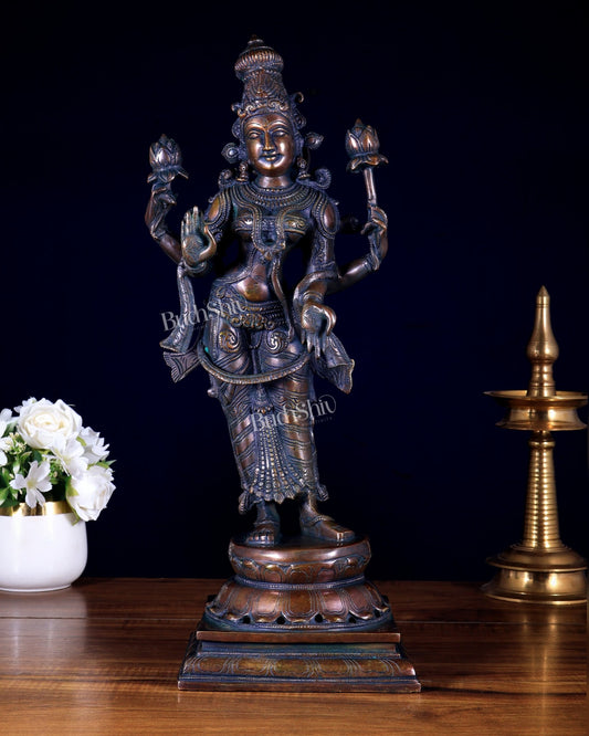 Brass Goddess Lakshmi Statue - 17.5" bronze tone - Budhshiv.com