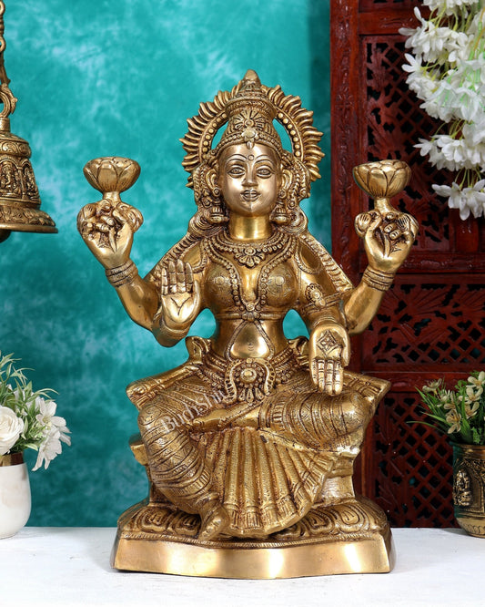 Brass Goddess Lakshmi Statue – Handcrafted Prosperity Idol 18 inch Enhanced carvings - Budhshiv.com