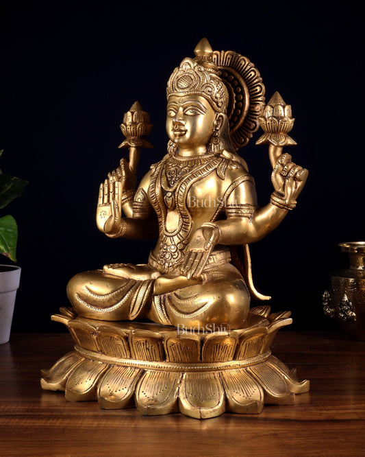 Brass Goddess Lakshmi Statue on Lotus Base – Sacred Prosperity Artefact 14 inch - Budhshiv.com