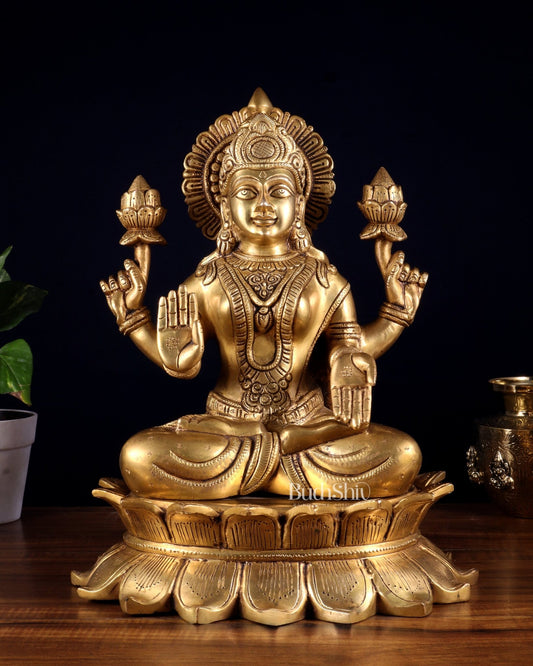 Brass Goddess Lakshmi Statue on Lotus Base – Sacred Prosperity Artefact 14 inch - Budhshiv.com