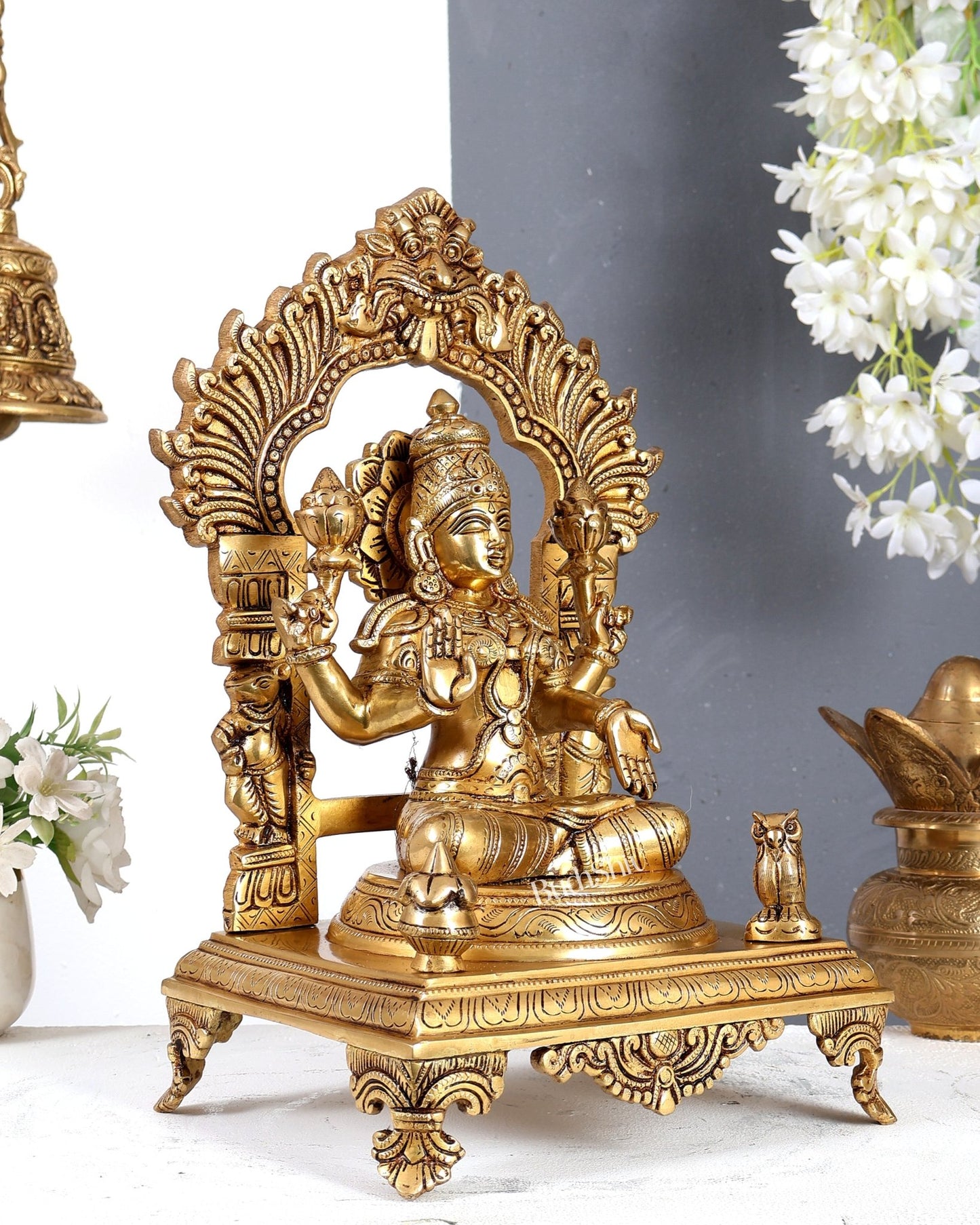 Brass Goddess Lakshmi with Owl & Prabhavali Idol – Handcrafted Temple Sculpture 14 inch - Budhshiv.com