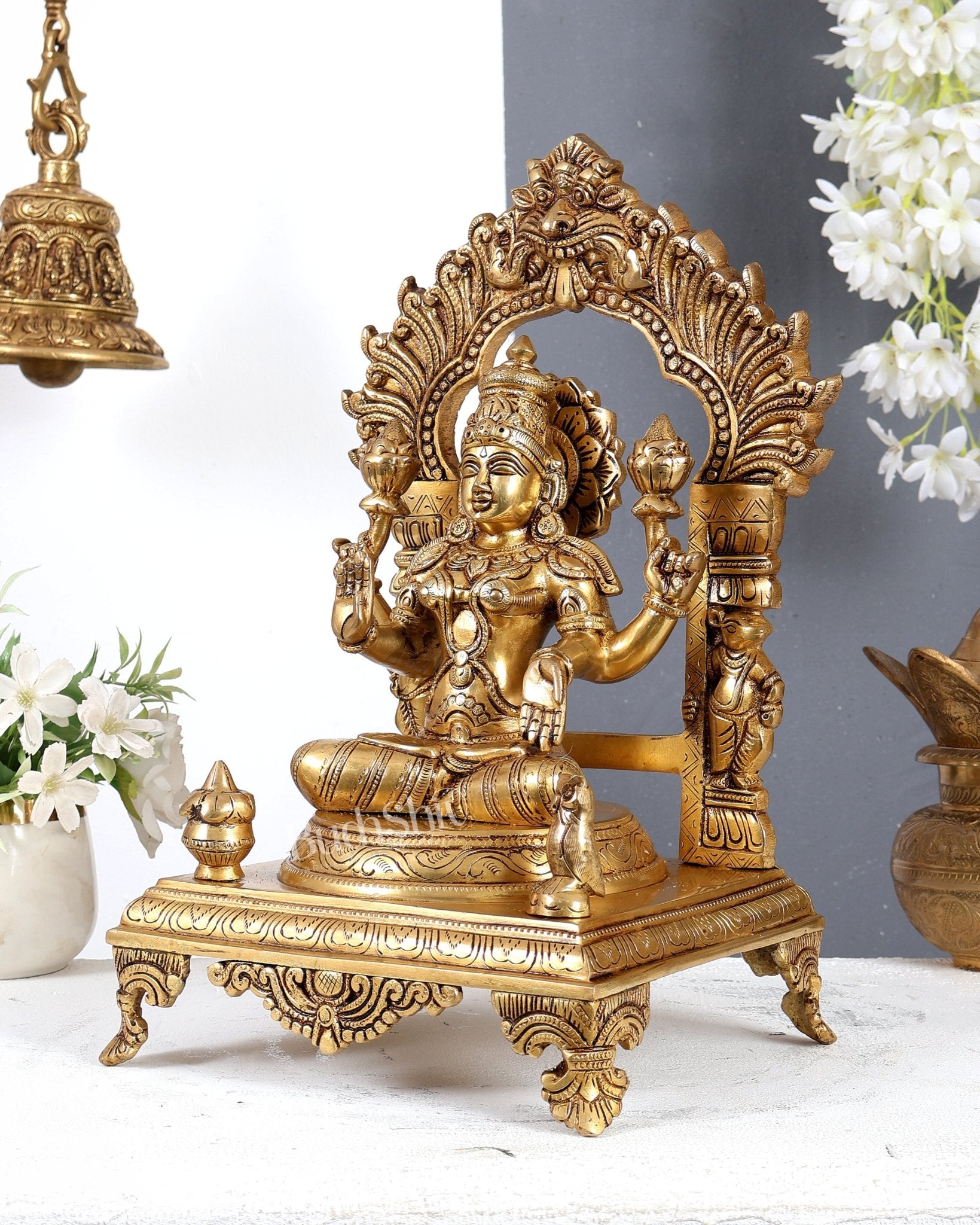 Brass Goddess Lakshmi with Owl & Prabhavali Idol – Handcrafted Temple Sculpture 14 inch - Budhshiv.com