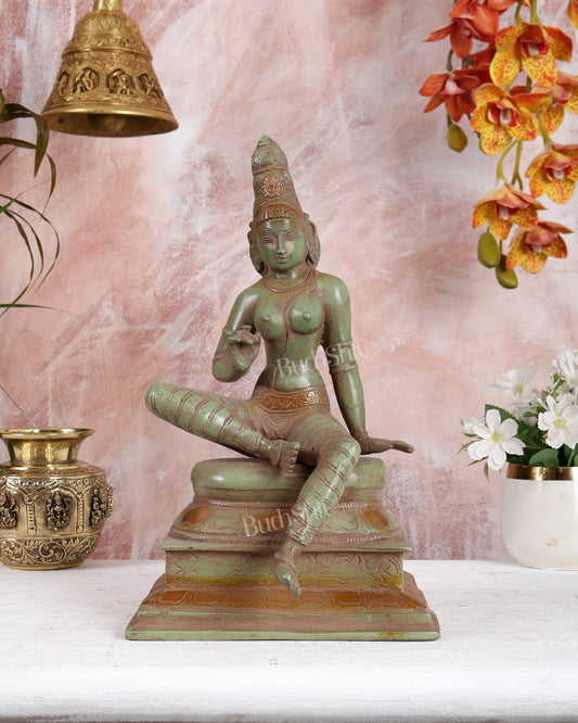 Brass Goddess Parvati Seated (Bhoga Shakti / Umadevi) – Green Patina Finish Handcrafted Sculpture (12.5 Inches) - Budhshiv.com