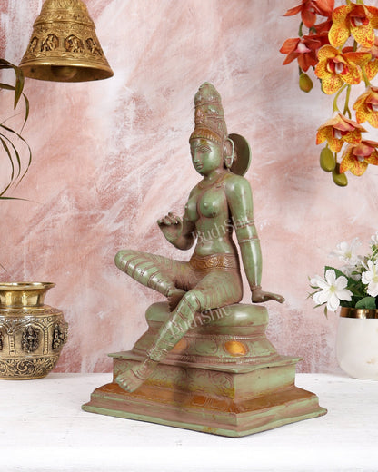 Brass Goddess Parvati Seated (Bhoga Shakti / Umadevi) – Green Patina Finish Handcrafted Sculpture (12.5 Inches) - Budhshiv.com