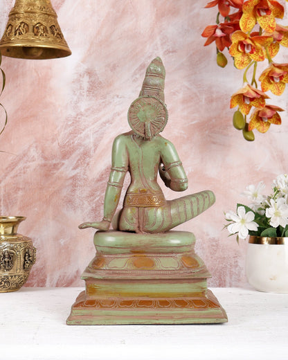 Brass Goddess Parvati Seated (Bhoga Shakti / Umadevi) – Green Patina Finish Handcrafted Sculpture (12.5 Inches) - Budhshiv.com