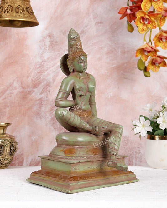Brass Goddess Parvati Seated (Bhoga Shakti / Umadevi) – Green Patina Finish Handcrafted Sculpture (12.5 Inches) - Budhshiv.com