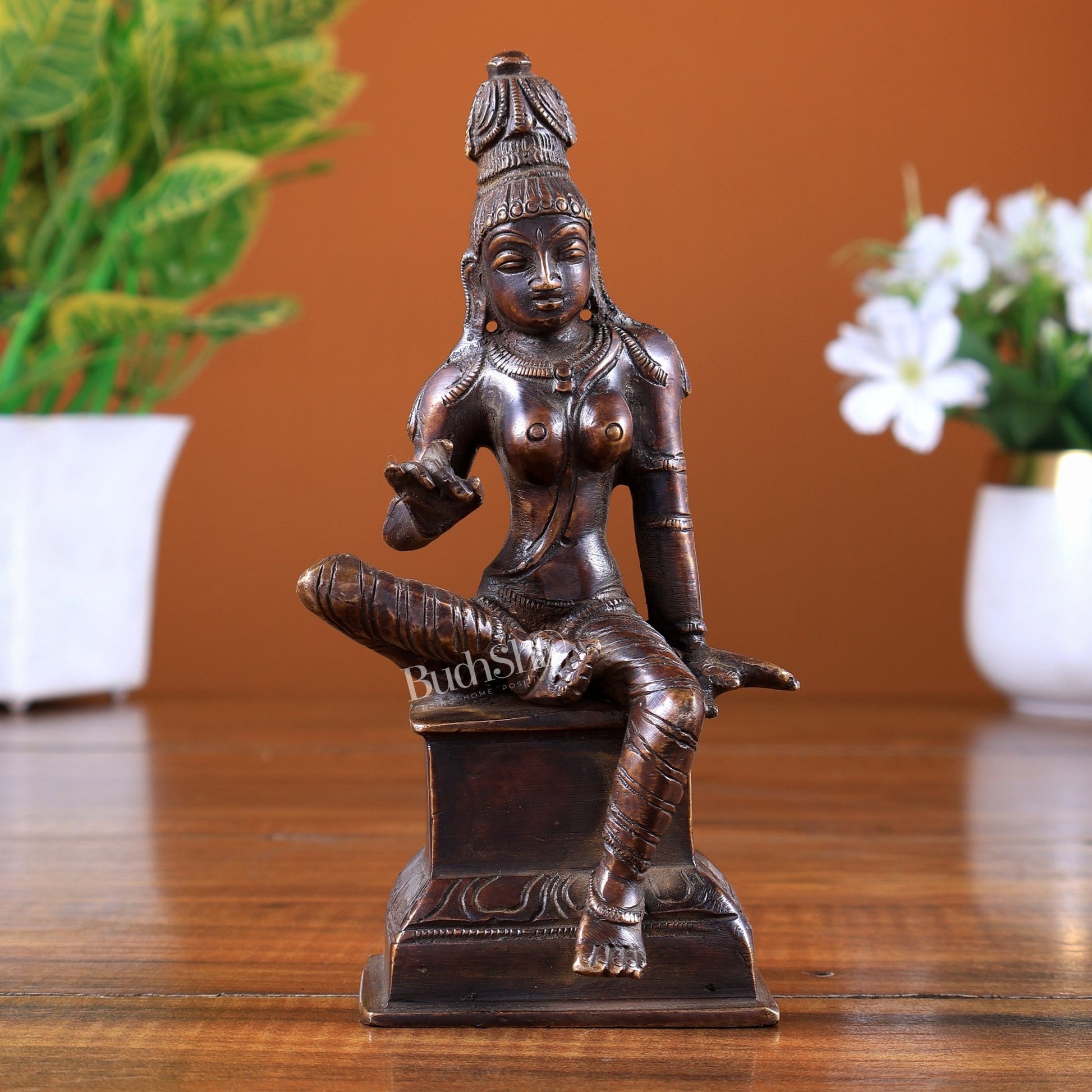 Brass Goddess Parvati Uma Devi Bhoga Shakti Idol – Light Antique Tone 6 inch - Budhshiv.com