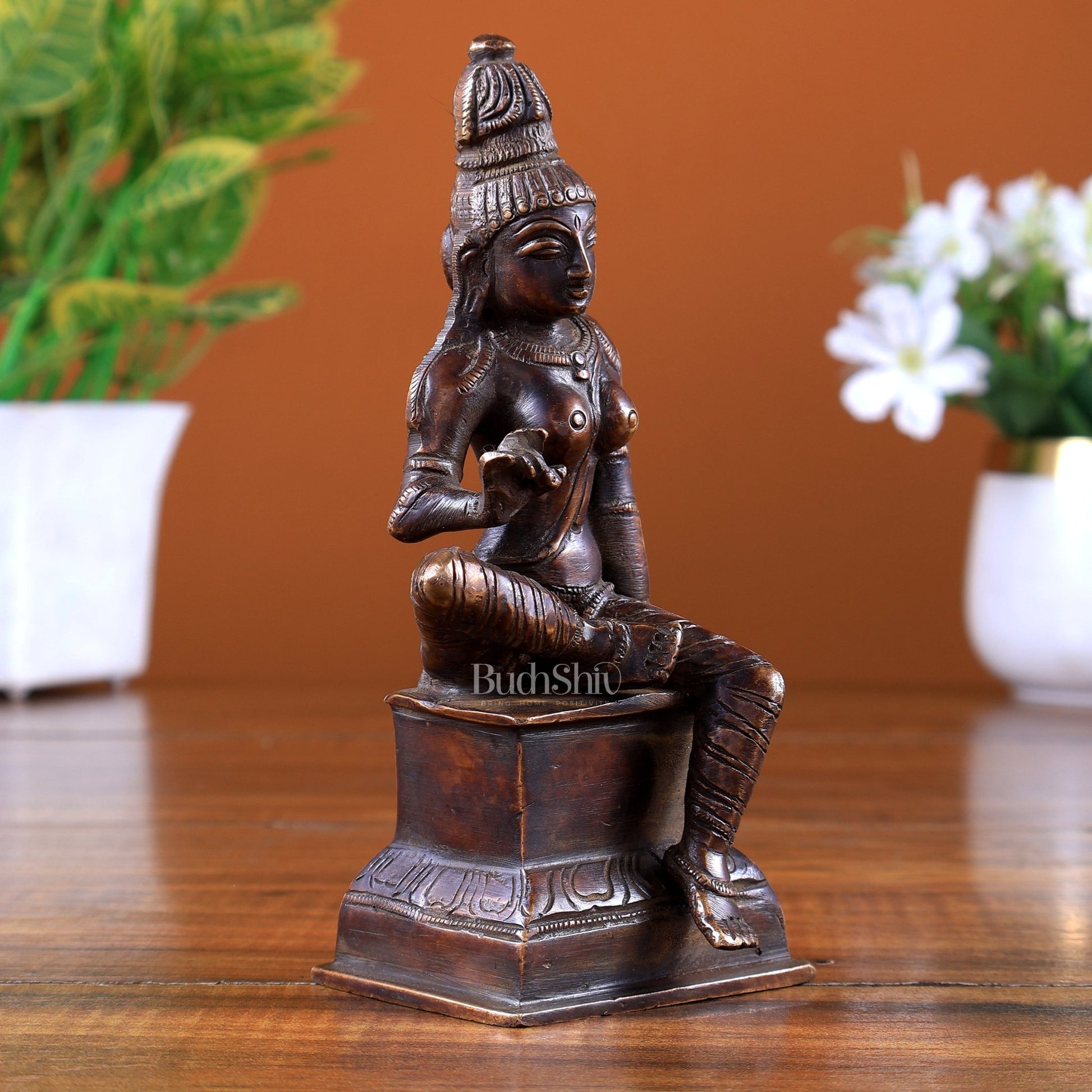 Brass Goddess Parvati Uma Devi Bhoga Shakti Idol – Light Antique Tone 6 inch - Budhshiv.com